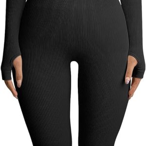 Women Yoga Jumpsuits Workout Ribbed Long Sleeve Sport Jumpsuits