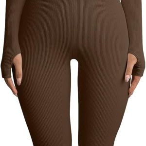 Women Yoga Jumpsuits Workout Ribbed Long Sleeve Sport Jumpsuits