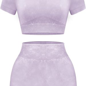 Women's Workout Sets 2 Piece - Seamless Acid Wash Yoga Outfits Shorts and Crop Top Matching Gym Athletic Clothing Set