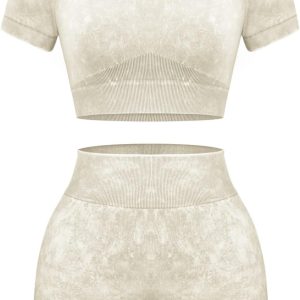 Women's Workout Sets 2 Piece - Seamless Acid Wash Yoga Outfits Shorts and Crop Top Matching Gym Athletic Clothing Set