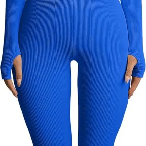 Women Yoga Jumpsuits Workout Ribbed Long Sleeve Sport Jumpsuits