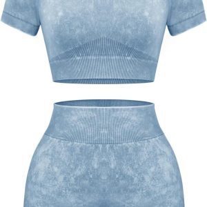 Women's Workout Sets 2 Piece - Seamless Acid Wash Yoga Outfits Shorts and Crop Top Matching Gym Athletic Clothing Set