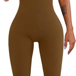 Women Workout Seamless Jumpsuit Yoga Ribbed Bodycon One Piece Tank Top Leggings Romper